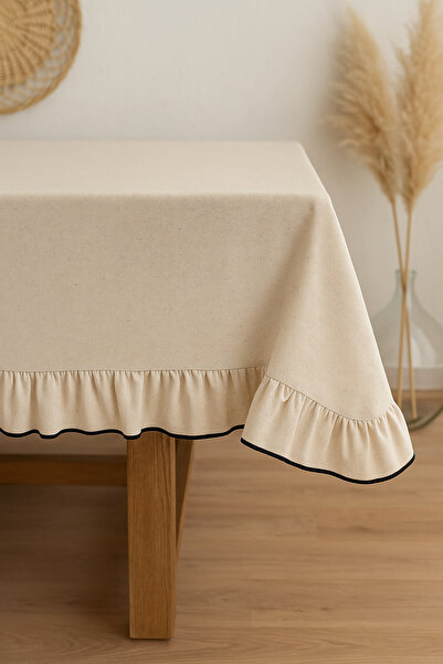 Mirilliahome Elite Frilly Piped Raw Linen Tablecloth – Frilly Beige Tablecloth