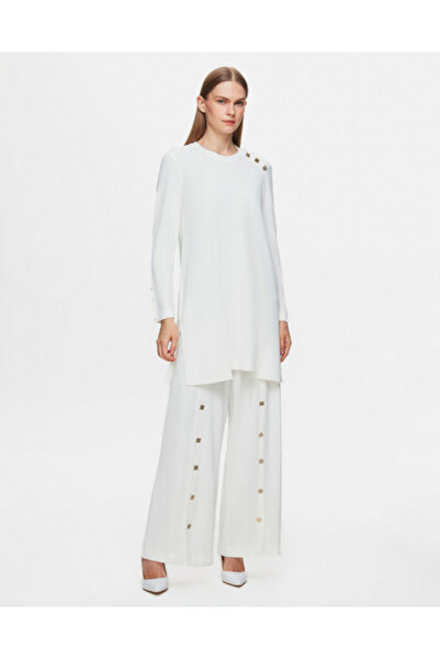 MISS DALIDA Düğme Aksesuarlı Düz Renk Triko Ekru Tunik