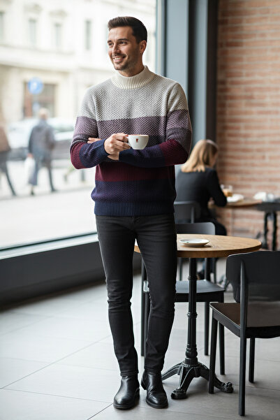 Pulltonic Erkek Yarım Balıkçı Yaka Kalın Renkli Kazak | %68 Kuzu Yünü