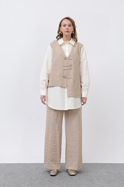 Puane Women's Front Vest-Looking Epaulette Trousers Set - 14327Tks - Camel-Beige