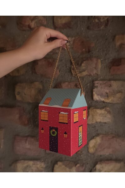 roco paper Yılbaşı Ev Tasarımlı Kutu Çanta, Yeniyıl, Parti, Hediye Çantası, 12li, 8.5x8.5x14 Cm, Mavi Çatılı