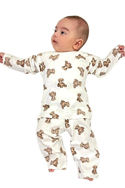 Drop Kids Baby Kids Long Pajama Set Two-Piece Set Sitting Teddy Bear Pattern