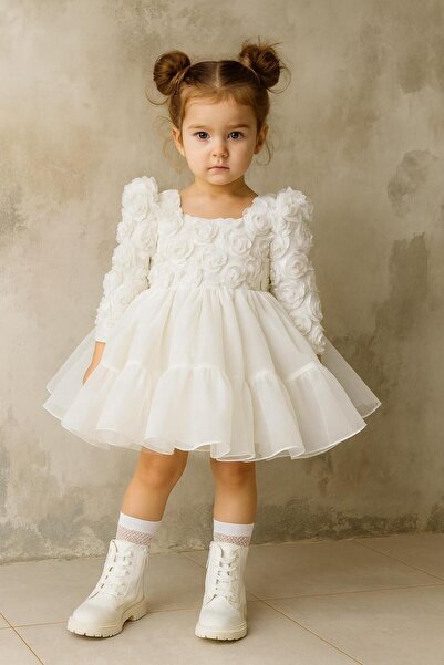 lunavella Kız Çocuk Abiye Uzun Kollu Kuyruklu Doğum Günü ,Düğün ve Özel Gün Elbisesi