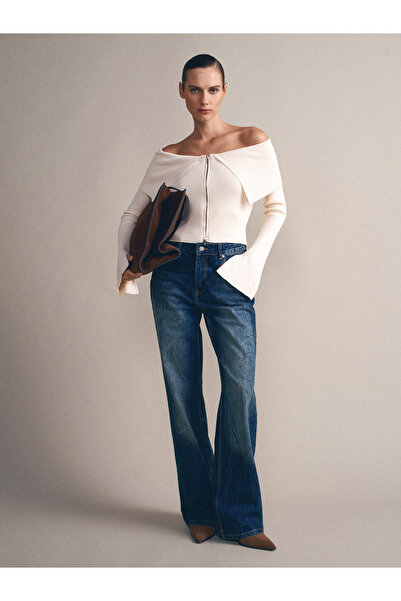 Dilvin 60252 Zippered Corded Fabric Knitwear Top-Natural