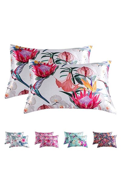 COOYA 2-Piece Floral Silky Satin Pillow Cases with Envelope Closure for Hair and Skin White/Red