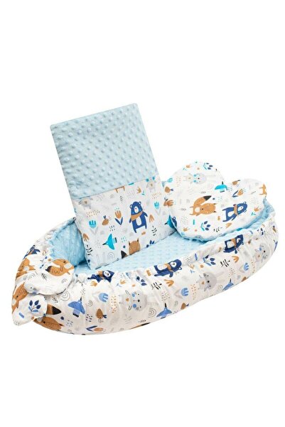 NEWBABY Set 3 piese, New Baby, Luxury, Baby Nest cu doua fete, Minky Bears Blue