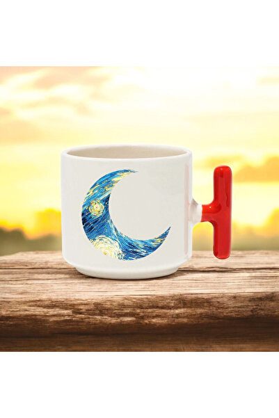 BB TRADE Moon Design Red T-Handle Ceramic Printed Mug Cup 250 ml