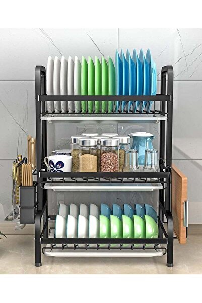 COOYA 3 Tier Black Stainless Steel Adjustable Cutlery Rack and Drainer Set