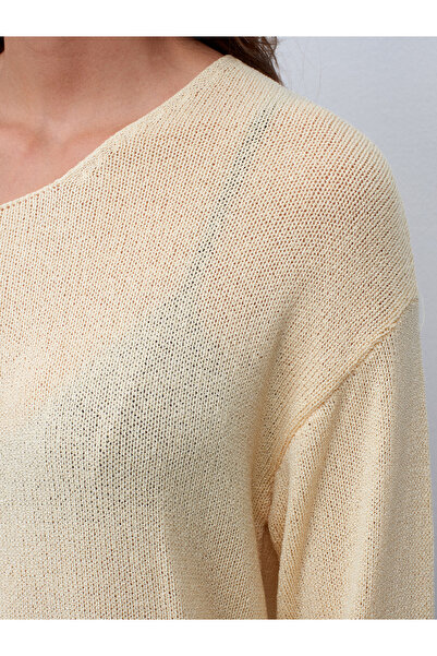 Dilvin 10706 Oval Yaka Dökümlü Kazak-Açık Sarı