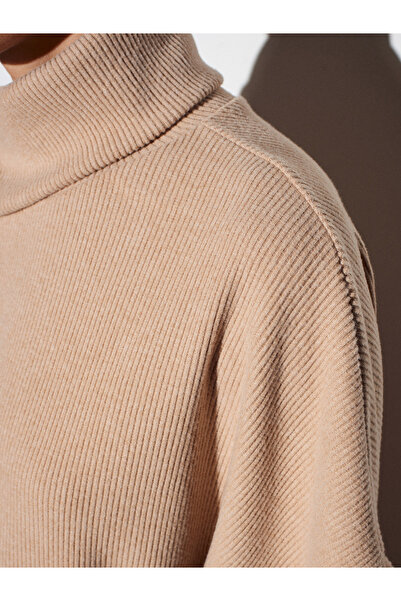 Dilvin 32239 Asymmetrical Cut High Neck Top-Beige