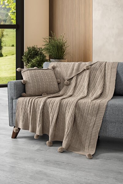 Sevim Set of 2 Pompom Knitwear Knitted Throw Pillow Cover & Tv Blanket - Shoulder & Sofa Wrap Set - Beige