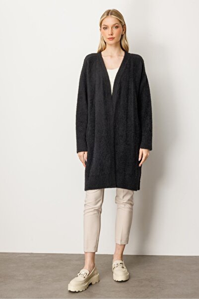 Mutlu Ertan Women's Slit Detailed Long Knitwear Cardigan Black 20224