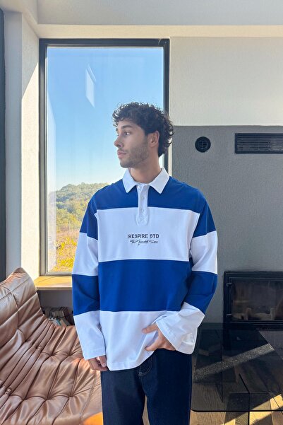 Flaw Wear Written Striped Polo Neck Sweatshirt Cobalt Blue