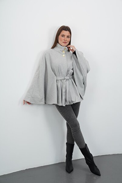 penyebizden Mock Neck Belted Cashmere Poncho-Grey