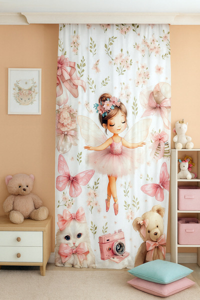 Bebişim Halı Pembe Balerin Peri Kedili Çift Kanatlı Çocuk Odası Perdesi