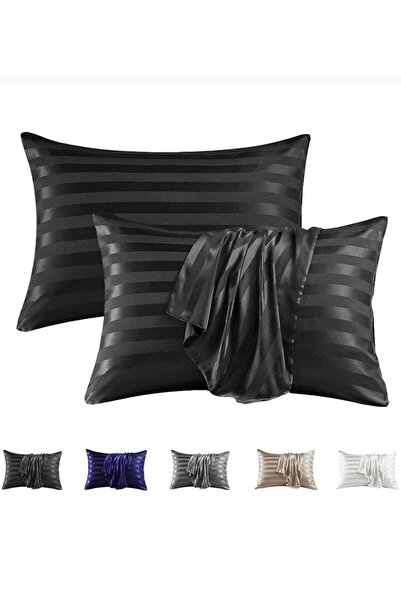 COOYA 2-Piece Stripe Silk Satin Pillow Case with Envelope Closure for Hair and Skin Black