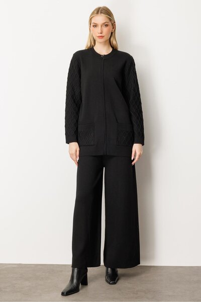 Mutlu Ertan كارديجان نسائي منسوج بنقشة الجيب والكم باللون الأسود 20239