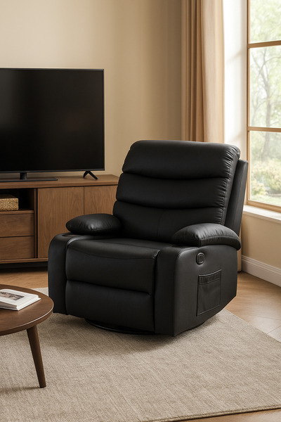 MARIA HOMES Black PU Leather Recliner Chair Comfortable Swivel and Reclining ...