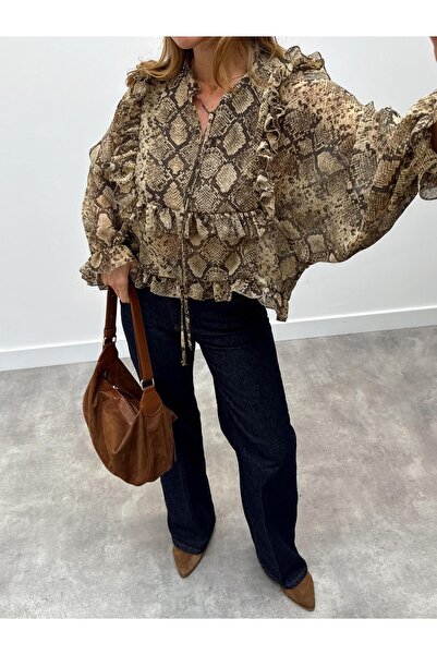 Maldia Shop Women's Lace-Up Balloon Sleeve Siena Chiffon Blouse