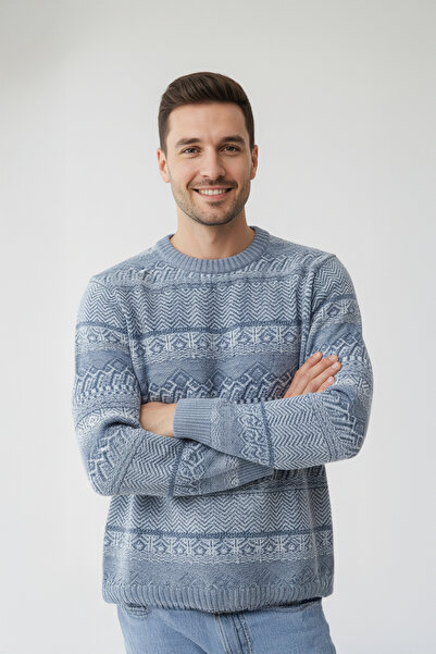 Pulltonic Erkek Bisiklet Yaka Desenli Kazak | %68 Kuzu Yünü