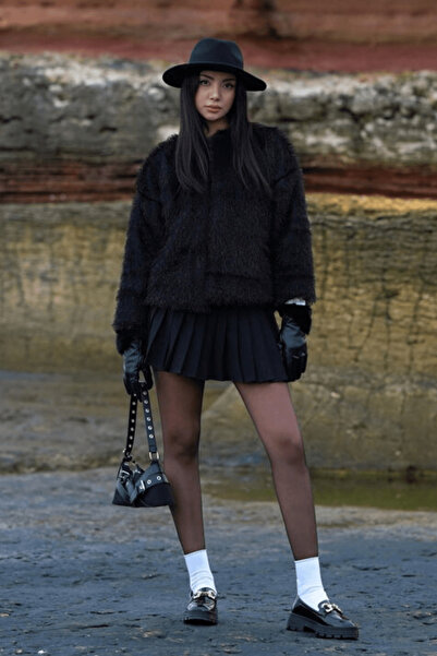 cemo Kadın Suni Kürk Püskül Detay Ceket Mont-Gri