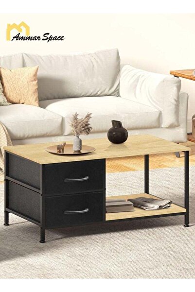 Ammar Space Coffee Table with Drawers for Living Room Brown Tables Rectangle Wood Table Metal Side End Table