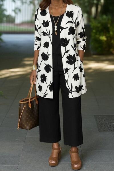 Mossta Open Front Modal Jacket Sleeveless Blouse Pants 3 Piece Set - Black