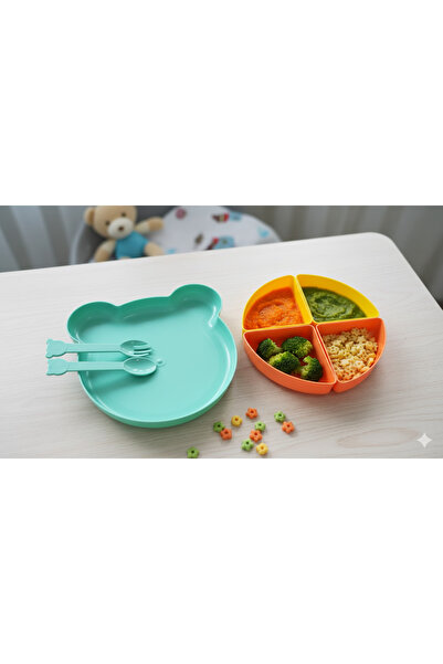 ELYA BABY مجموعة تغذية الدب الصغير |   طقم طبق طعام مقسم وشوكة وملعقة باللون ...