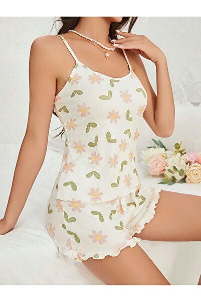 R RUSELİN Nrzsnt Women's Ecru Floral Printed Shorts Nightwear Pajamas (133959) Set 5047