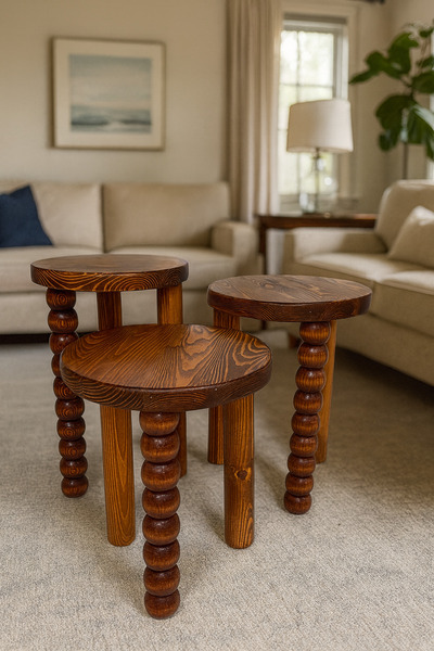 Simillo Home&Living Ahşap Mantar Sehpa 3’lü Set – Fındık Renk Rustik Fiskos ve Zigon Sehpa Takımı