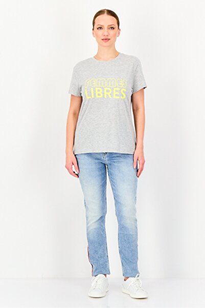 PROMOD Women Crew Neck Short Sleeve Graphic Print T-Shirt, Grey