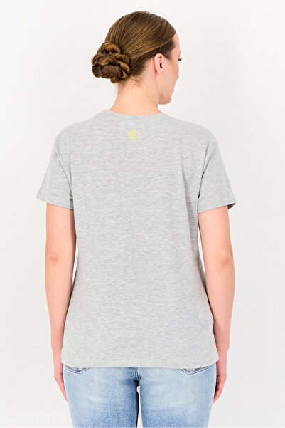 PROMOD Women Crew Neck Short Sleeve Graphic Print T-Shirt, Grey