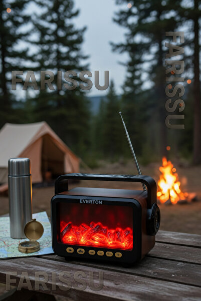 farissu Gerçek Eskitme Görünümlü Şömine Efektli Nostaljik Radyo | Güneş Enerjili, Bluetooth'lu, Fenerli