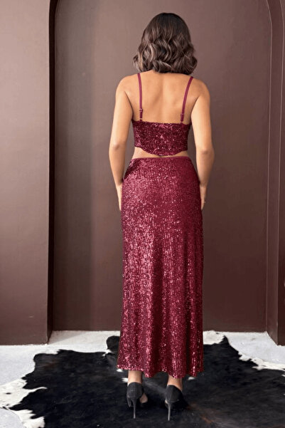 cemo Burgundy Sequined Long Skirt - High Waist, Stylish Evening Dress Combination