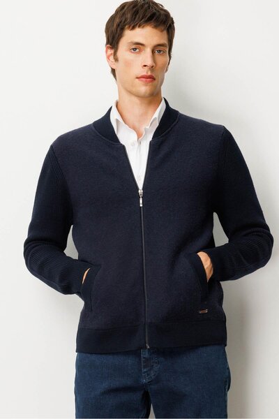 Desen Triko Men's Judge Collar Felt Knitwear Coat Dark Blue