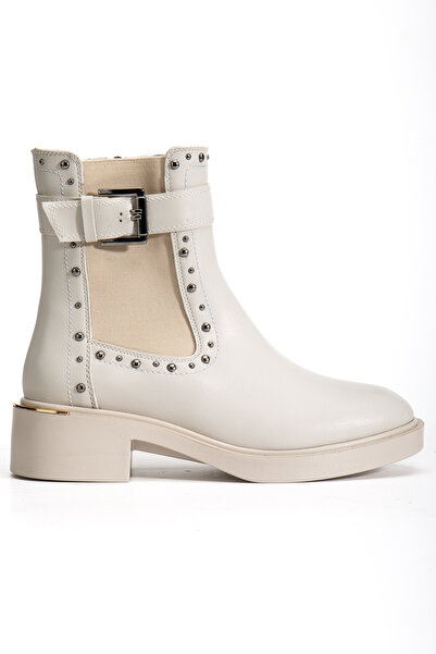 RİSSOLİ Γυναικείες μπότες με φερμουάρ με λεπτομέρεια με αγκράφα και καρφίτσες σε μπεζ δέρμα