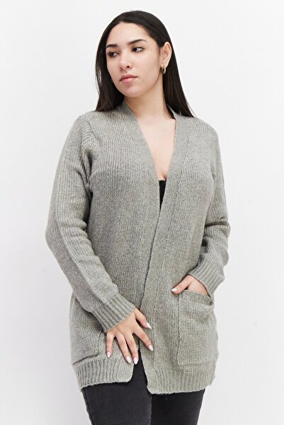 Brave Soul Women Split Neck Knitted Cardigan, Light Grey