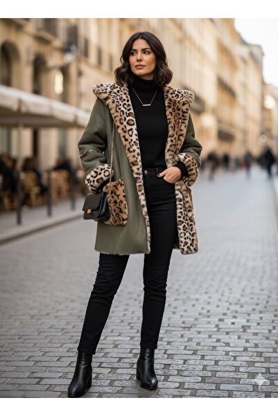 Store Kadın İtalyan Leopar Kürklü Fermuarlı Kapüşonlu Ceket
