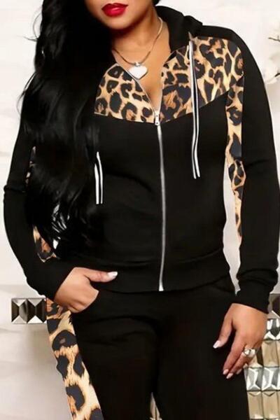 Mossta Leopard Patterned Zippered Double Sports Suit - Black