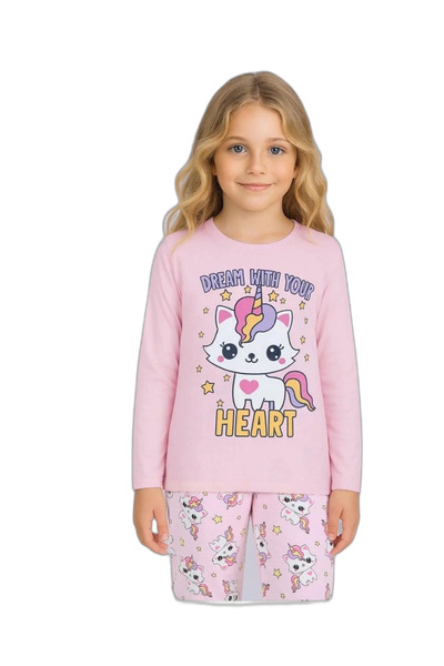 Little Miny Kids Unicorn Kedi Desen %100 Pamuk Açık Pembe Kız Çocuk Pijama Takım