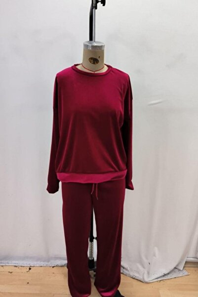 Mossta Round Neck Velvet Blouse Pants Two Piece Set - Burgundy