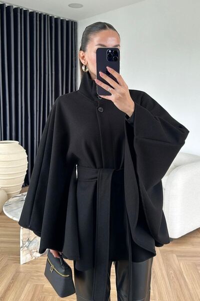 FMN Collection kuşaklı bele oturan ithal kaşe kumaş tasarım trend düğmeli dik yaka pinterest astarsız panço kaban