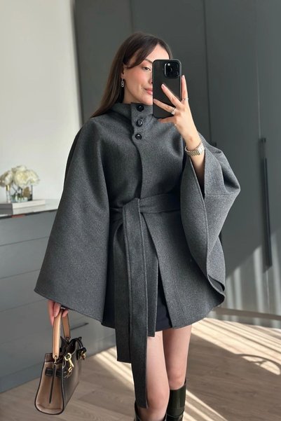 Generic Brand Belted Waist-Length Imported Cashmere Fabric Design Trend Buttoned Mock Neck Pinterest Unlined Poncho Coat