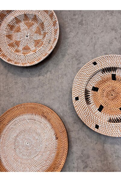 VERSA Bali Decor 3’lü Rattan Duvar Tabağı Seti – 40 cm El Yapımı Doğal Bohem Duvar Dekoru
