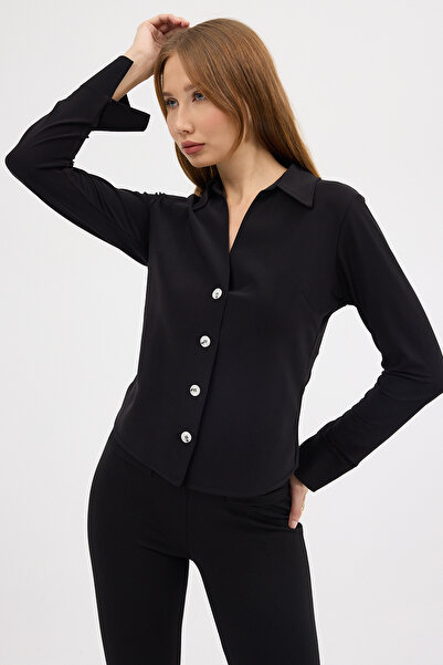 Laranor Μαύρο πουκάμισο με γιακά και μανίκια με μανσέτες Μπλούζα πουκάμισο Ημέρα και νύχτα Κομψότητα