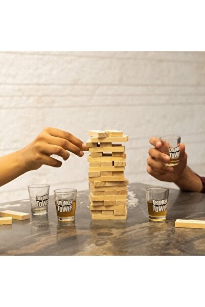 Flippy Jenga Flippy Drinking Game, Wooden Drunkard's Tower, Challenges, Glass Shot Glasses, 19x7x20Cm,+18Years