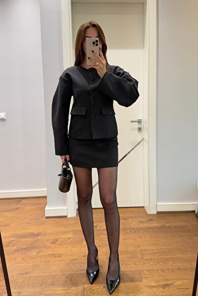 ForOus Buttoned Prom Sleeve Blazer Jacket Mini Skirt Set