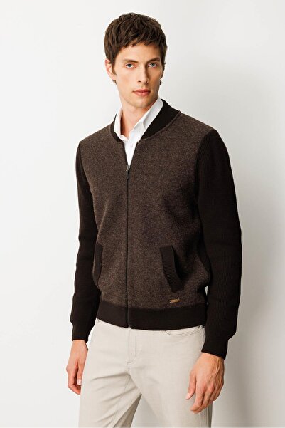 Desen Triko Men's Judge Collar Felt Knitwear Coat Dark Brown