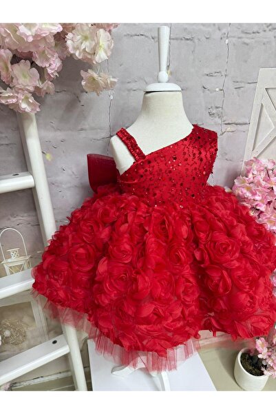Hly Karol Tasarım Strappy Alya Red Vintage Baby Girl Evening Dress, Birthday Dress, Photo Shoot Dress, Suitable for 0-12 Years Old