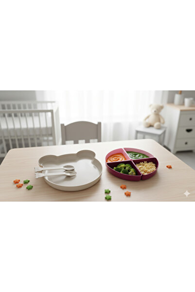 ELYA BABY Little Teddy Bear Nutrition Set |   Divided Food Plate & Cutlery Set Pink-Cream